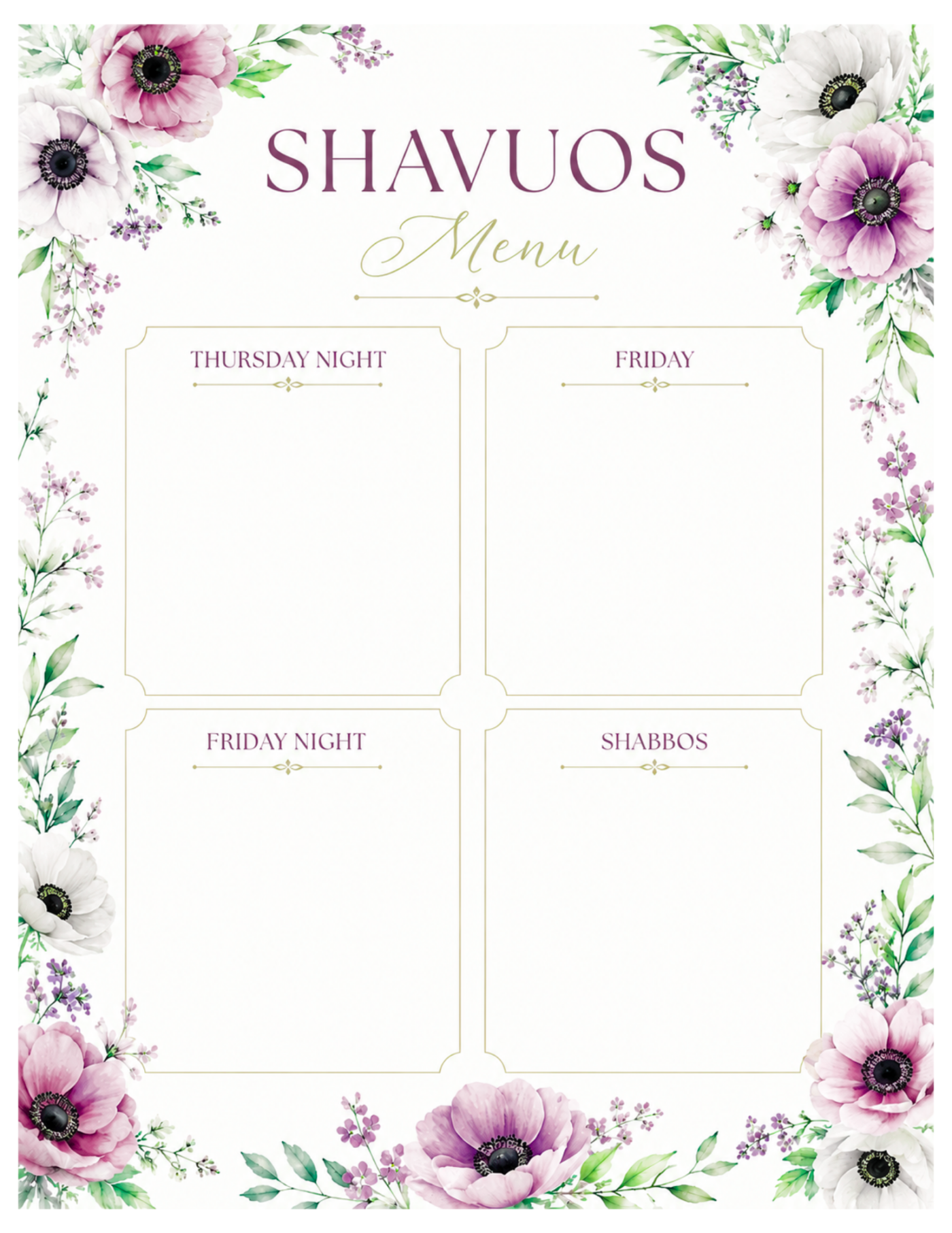 Shavuos 2026 Menu Printables